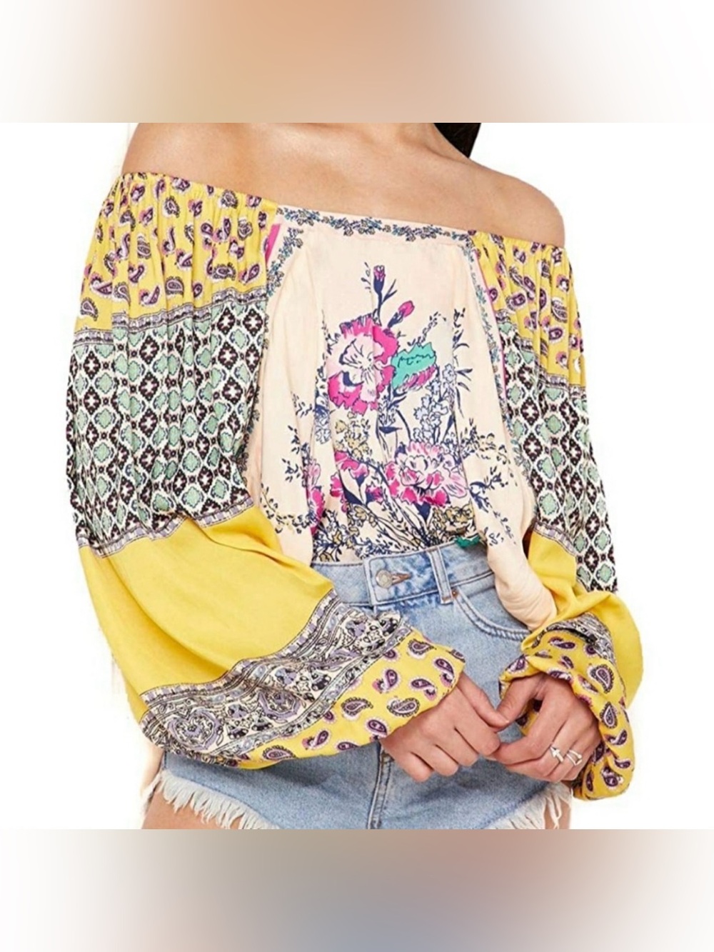 Free People Positano Printed Blouse Sz XS Peach Floral Off Shoulder Boho Y2K - Picture 6 of 15